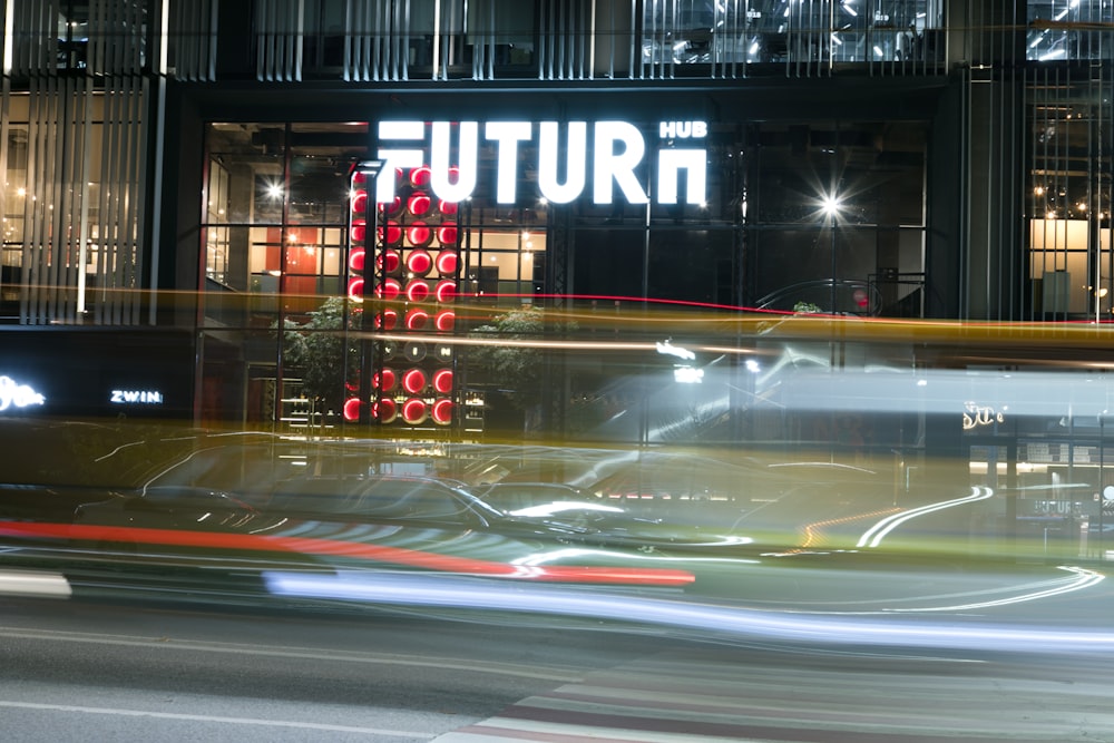 a blurry photo of a building at night