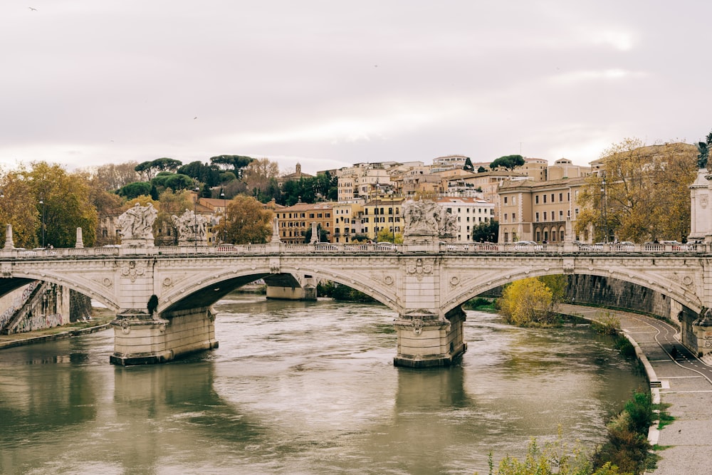 a bridge over a river with buildings in the background