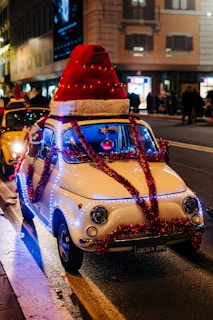 a car with a christmas hat on top driving down the street