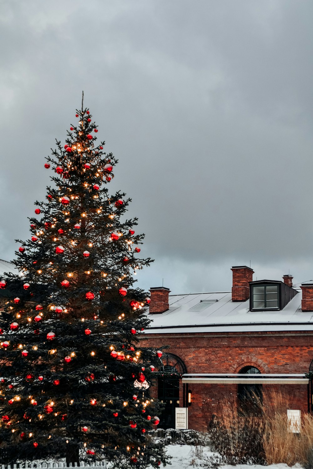 a large christmas tree in front of a brick building