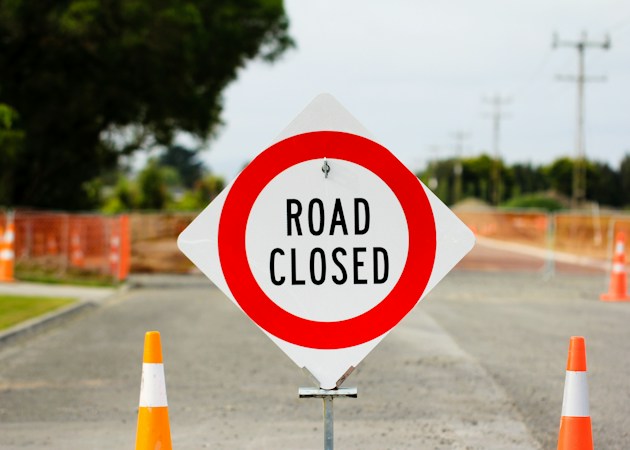 A road closed sign on the side of a street, the kind of sign North Las Vegas drivers could someday see on Carey Avenue between Simmons Street and Allen Lane