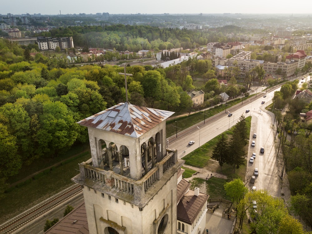 an aerial view of a building with a rusty roof