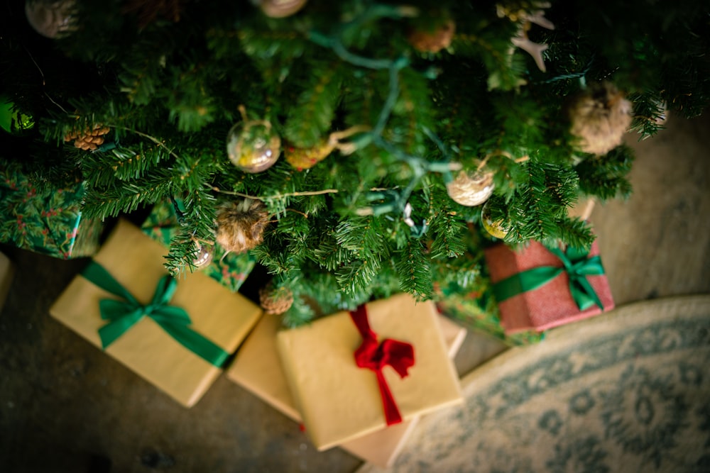 a bunch of wrapped presents under a christmas tree