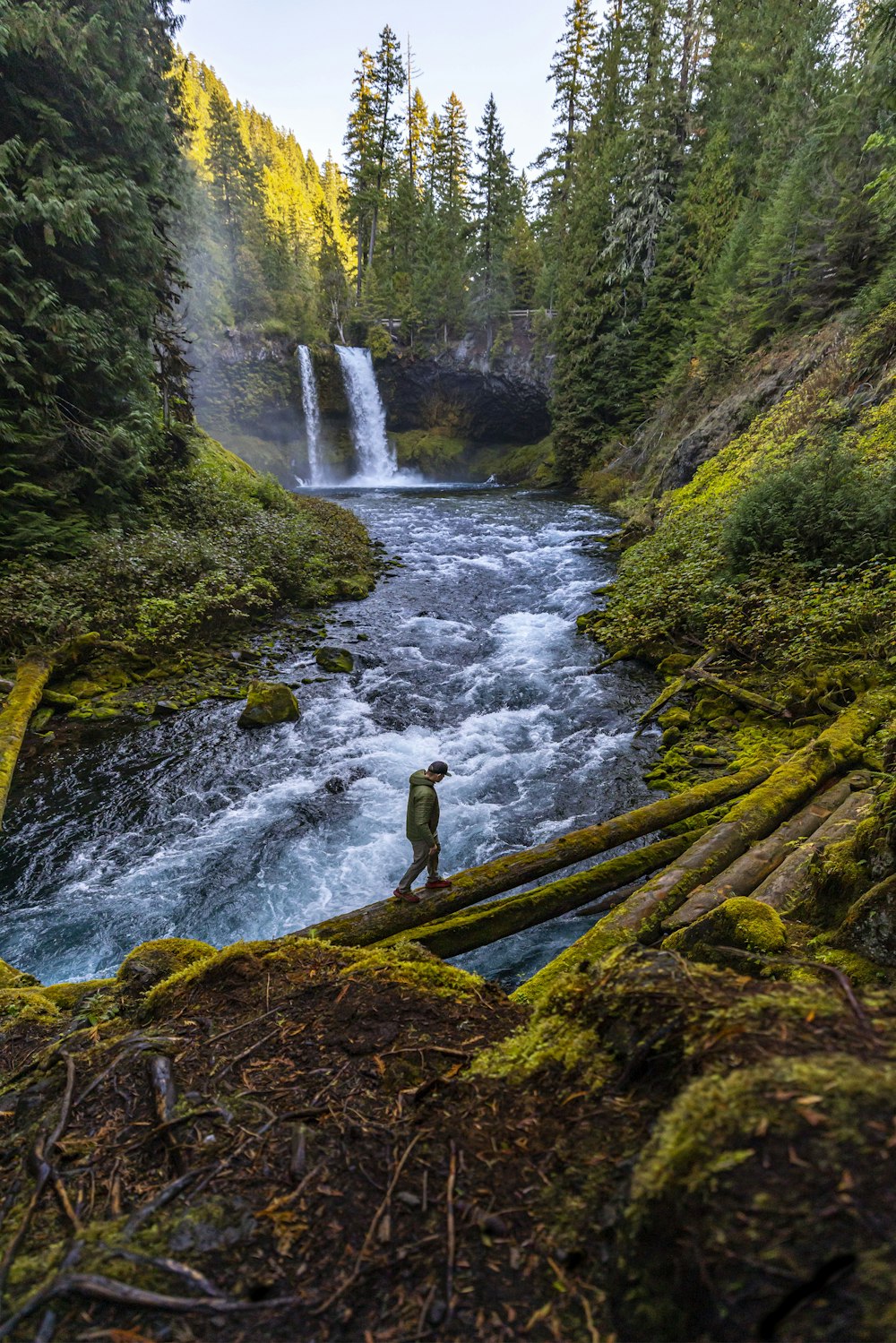 a man standing on a log in front of a waterfall