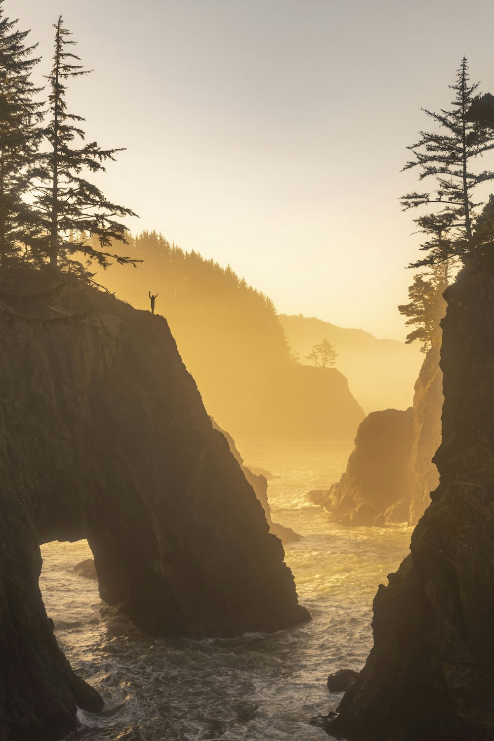 a person standing on top of a cliff near the ocean