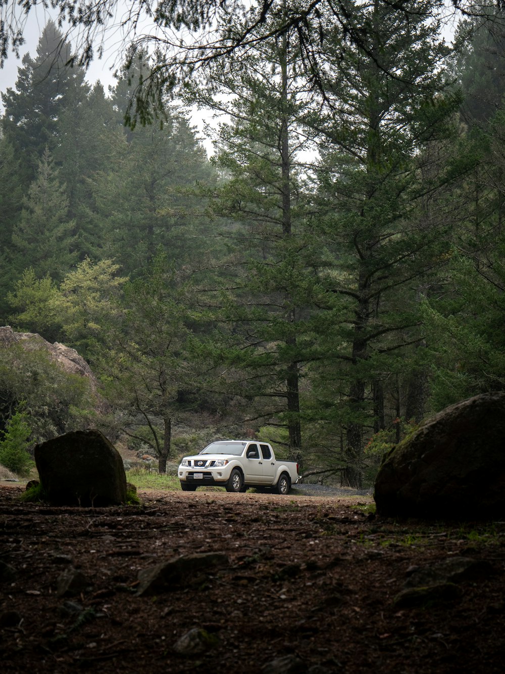 a white truck driving down a forest road