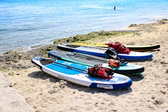 Several paddleboards are lined up on a sandy beach, each equipped with red life jackets and other gear. The boards are positioned near the water's edge with clear blue water in the background. A distant swimmer can be seen enjoying the sea. The scene captures a vibrant, sunny day ideal for water activities.