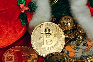 a bunch of bitcoins sitting next to a christmas tree