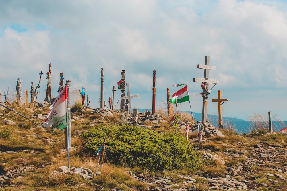 a group of crosses sitting on top of a hill