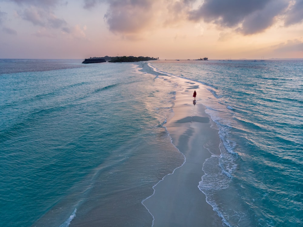 a person walking along a beach next to the ocean