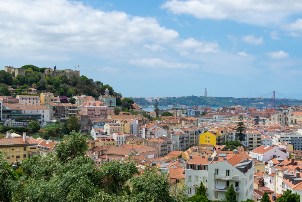 a view of a city with a hill in the background