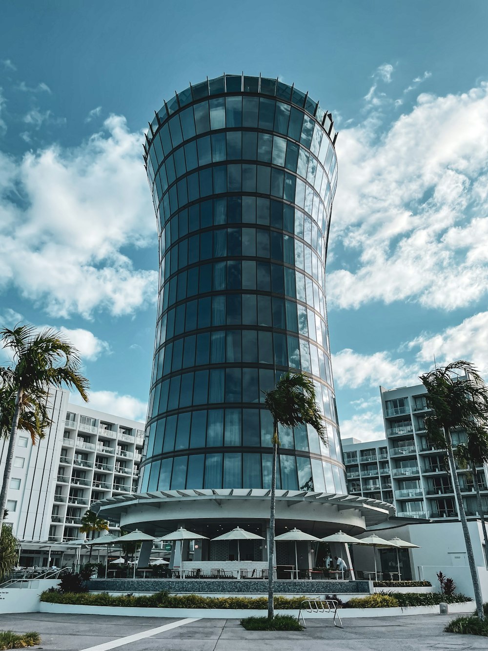 a tall glass building with palm trees in front of it