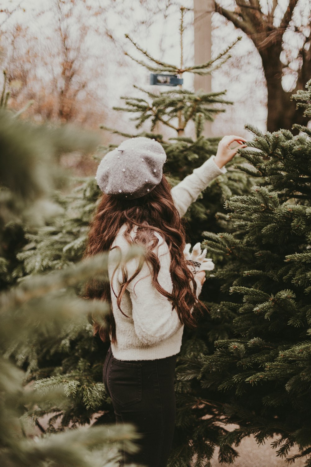 a little girl picking out a christmas tree