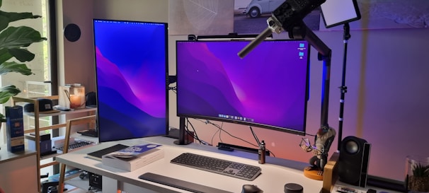 A vibrant workspace with health-focused digital tools and wellness books on a purple gradient background.
