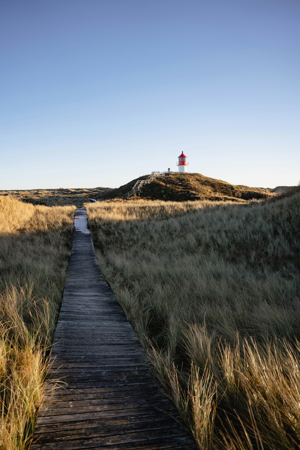 a wooden path leading to a lighthouse on a hill