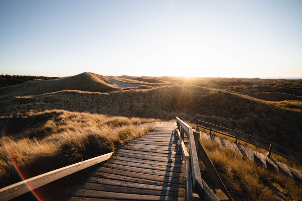 a wooden walkway leading to a grassy hill