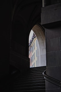 a view of a building through an archway