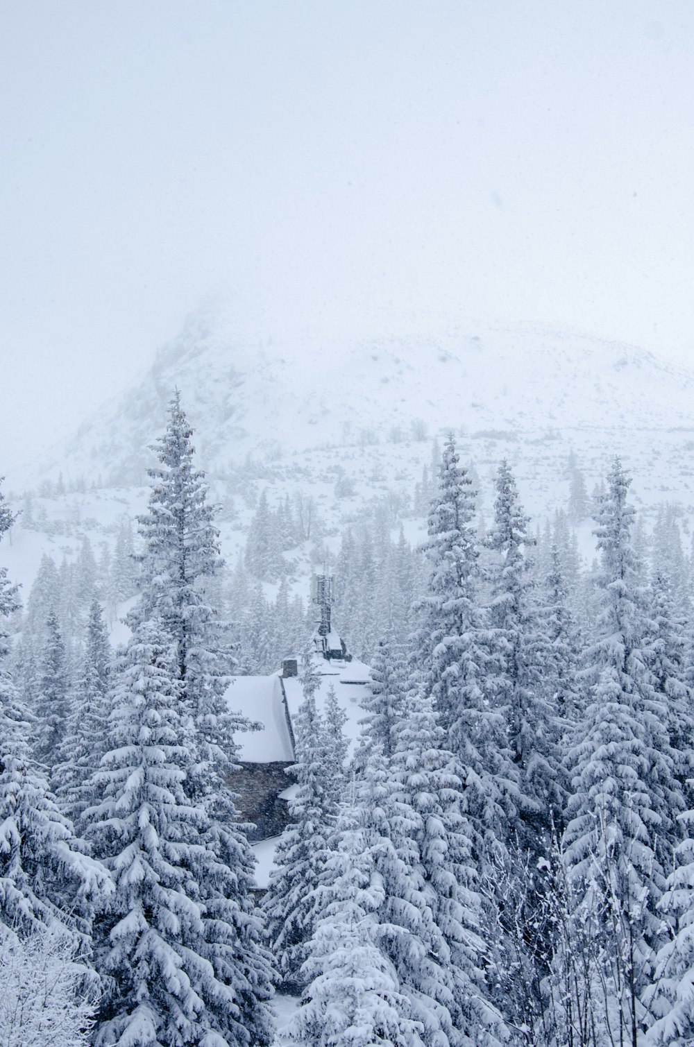 a snow covered mountain with a house in the distance