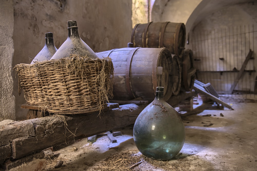 a couple of wine bottles sitting on top of a table