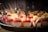 A tray filled with elegantly arranged small dessert cups featuring layers of white and red mousse, garnished with intricately designed chocolate pieces and wafers. The desserts are creatively presented and illuminated under soft, warm lighting, highlighting their vibrant colors and textures.
