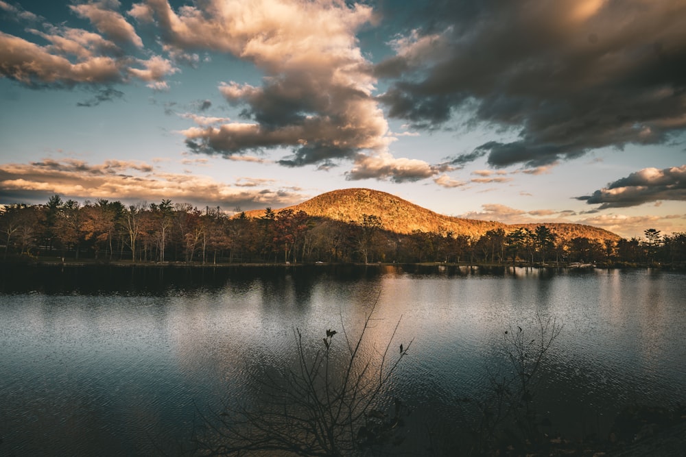 a lake with a mountain in the background