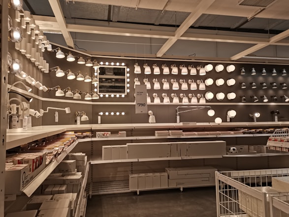 A showroom display of various energy-efficient lighting options and fixtures.