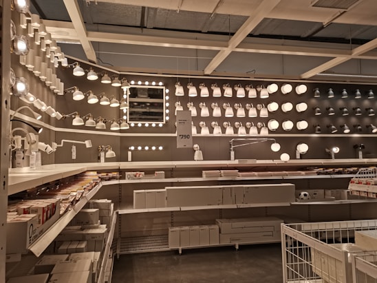 A modern showroom displaying various types of lighting fixtures.