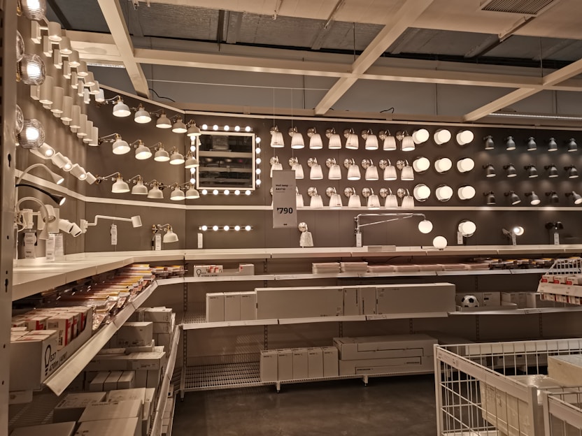 A variety of modern LED and fluorescent lights displayed on shelves