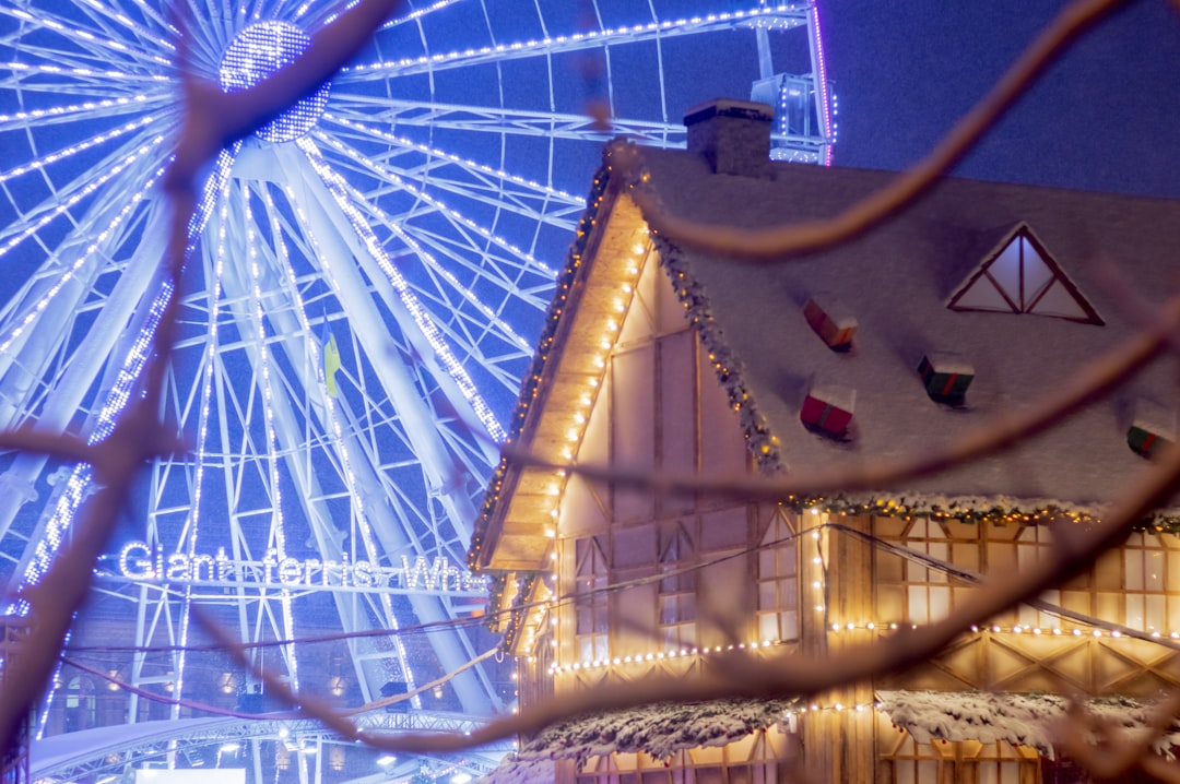 a large ferris wheel sitting next to a building,
