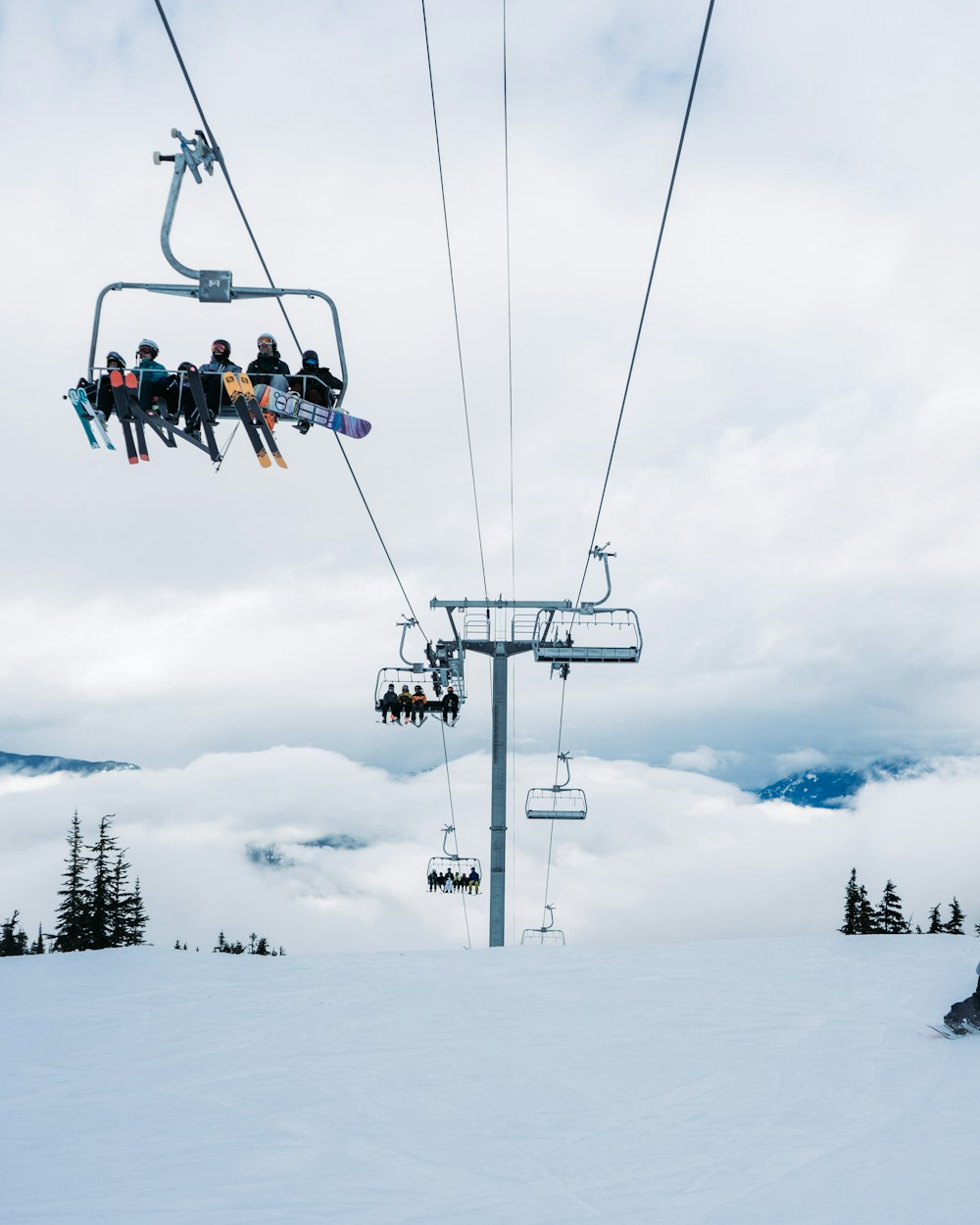 a group of people riding a ski lift