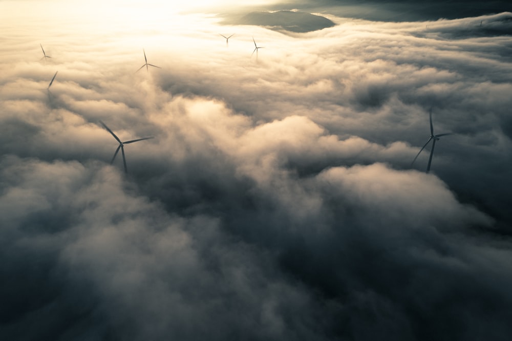 a group of wind turbines in the sky