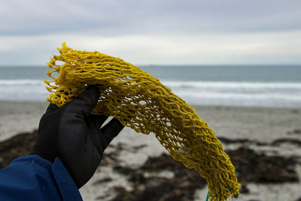 a hand holding a yellow piece of rope near the ocean