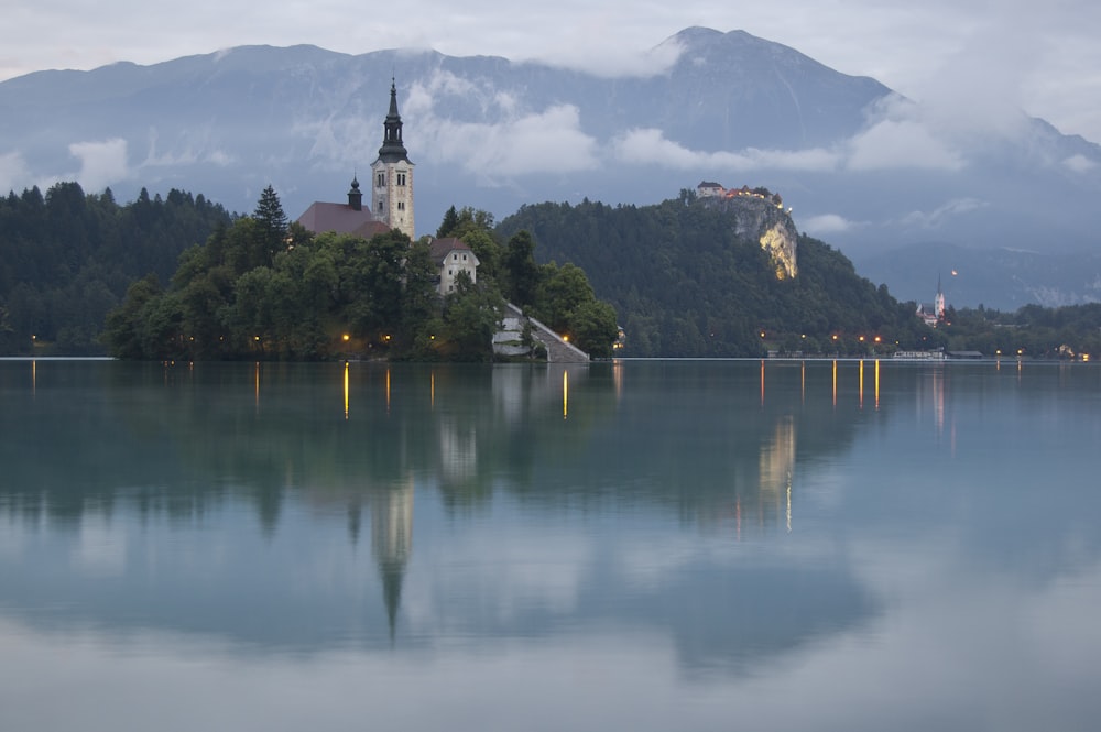 a small island in the middle of a lake