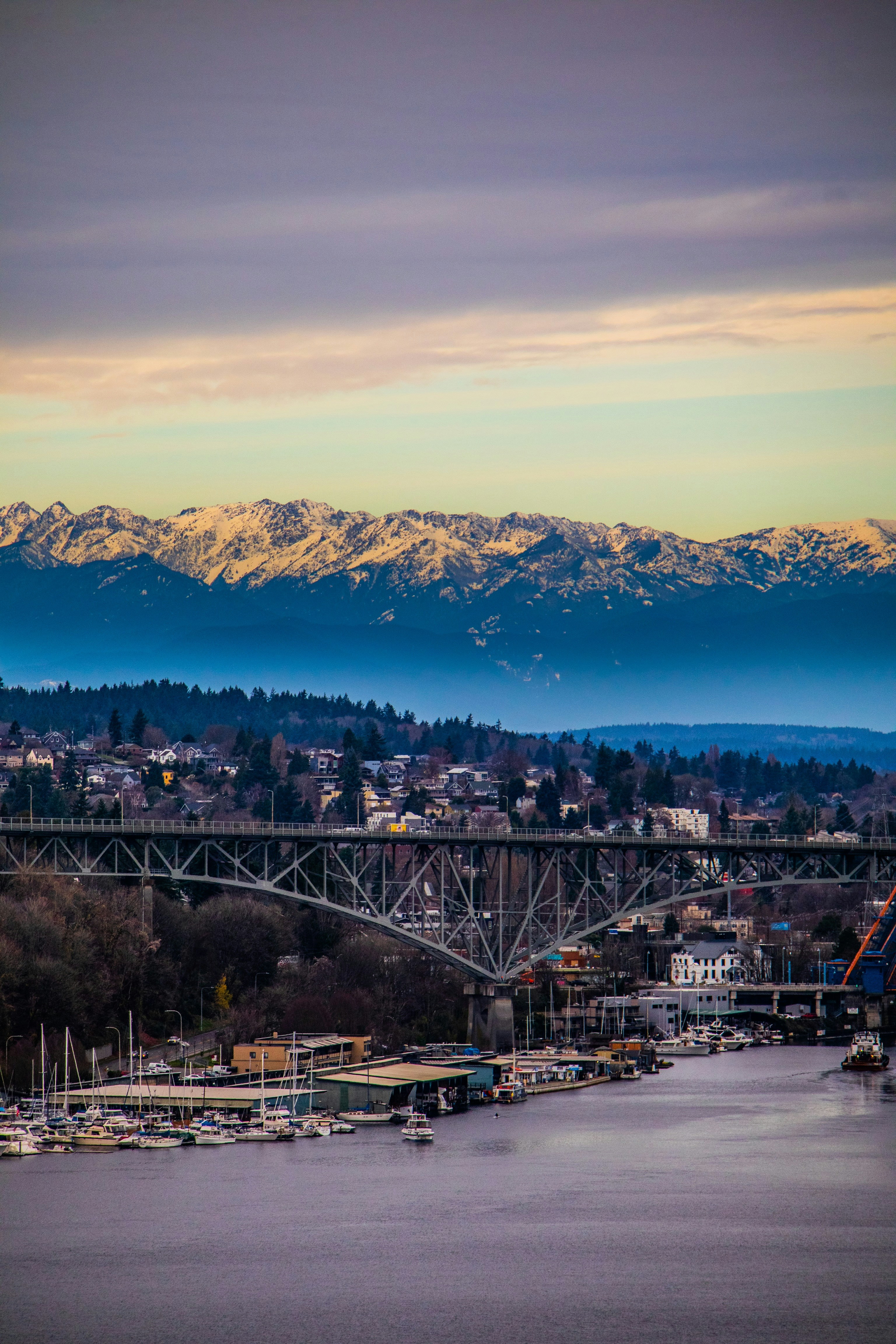 a view of a city with mountains in the background