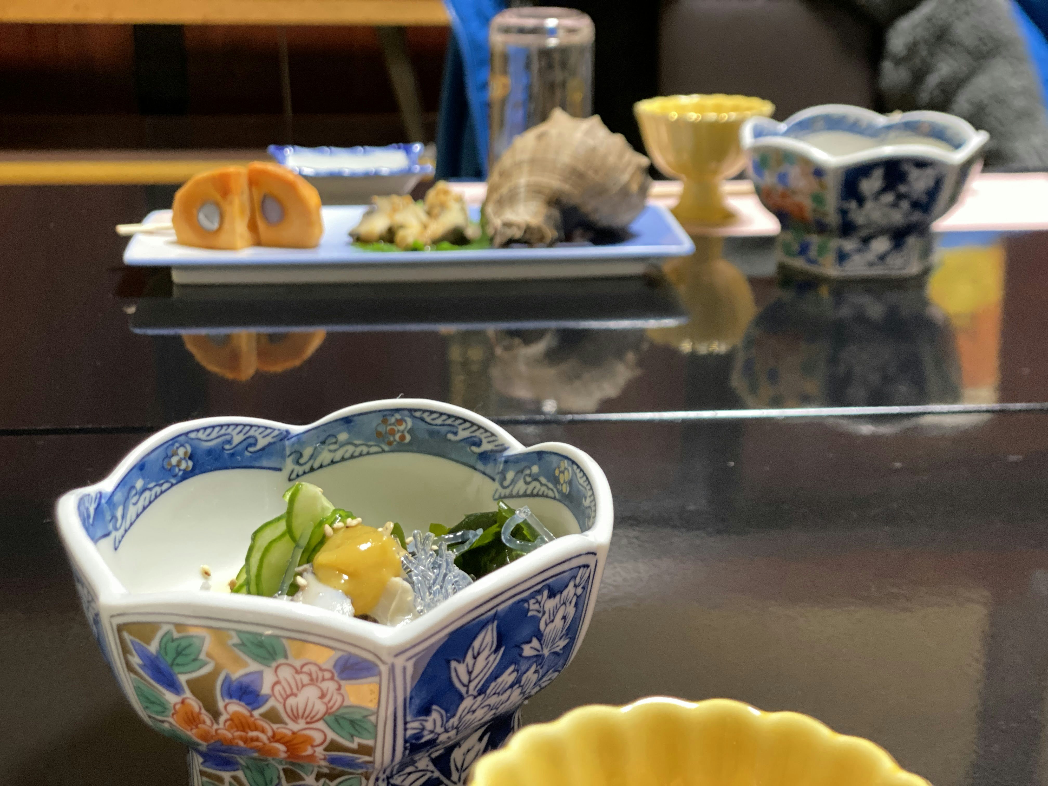 a tray of food on a table, Dinner at a ryokan on Notojima.