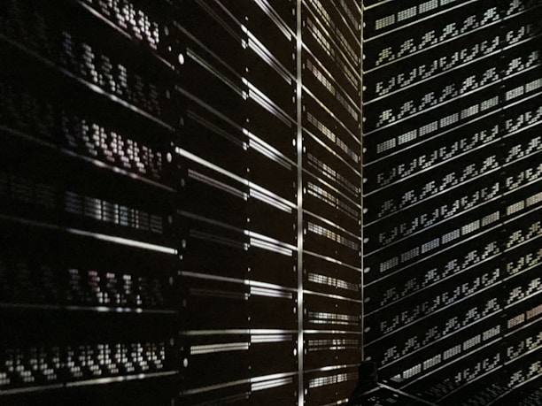 A sleek server room with glowing racks symbolizing high-performance hosting.