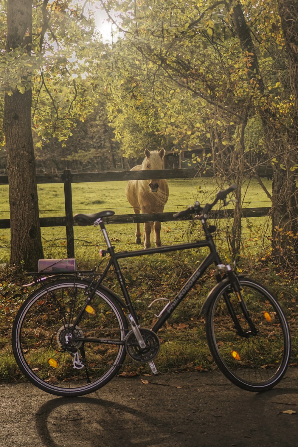 a bicycle parked in front of a wooden fence