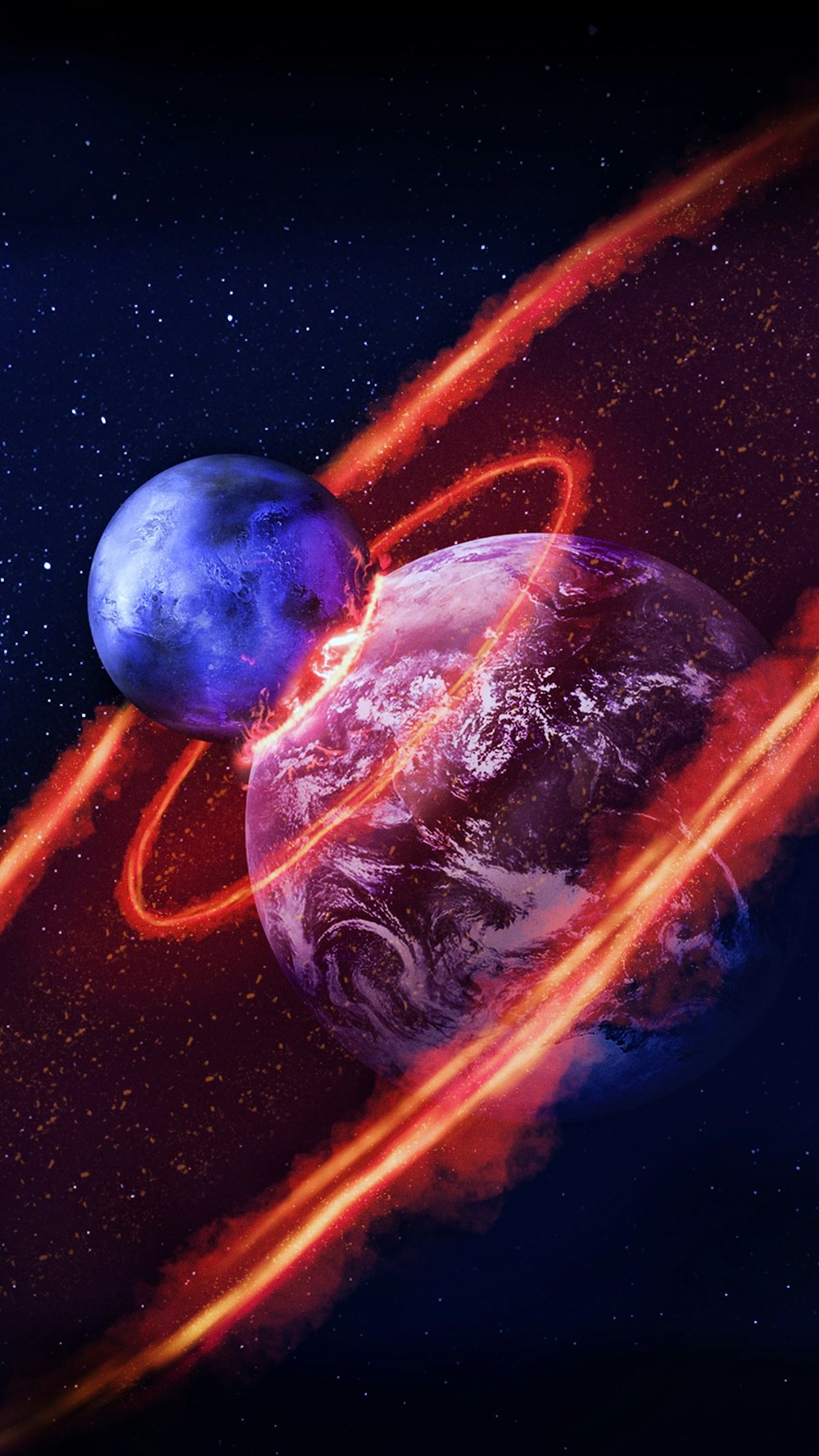 두 행성 사이의 충돌에 대한 예술가의 렌더링