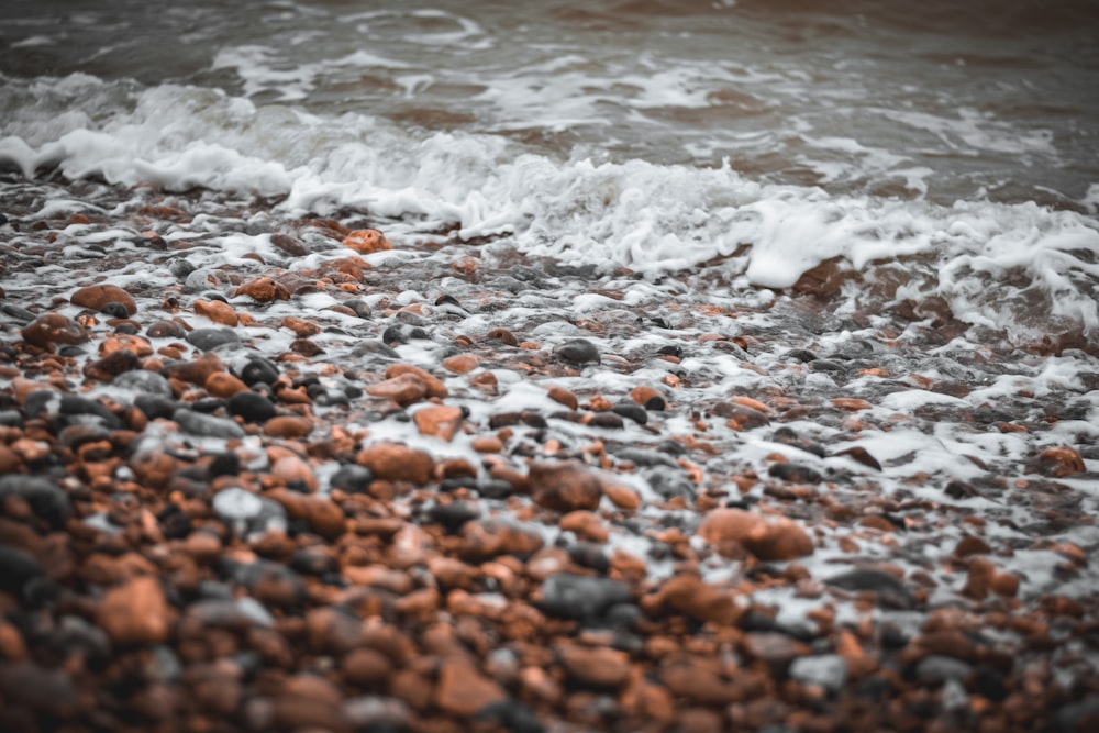 a close up of rocks and water on a beach