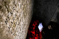 Carved names are visible on a stone memorial, with red poppy wreaths placed at its base, suggesting a tribute or remembrance setting.