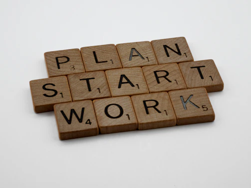 a scrabbled word that says plan, start, work