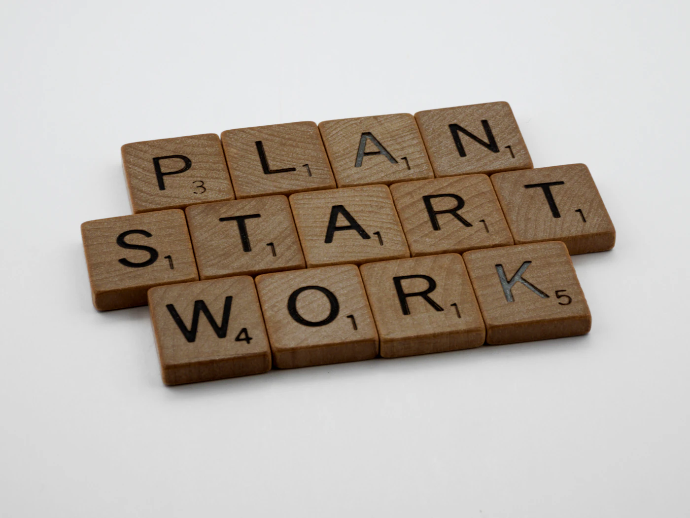 A scrabbled word that says plan, start, work