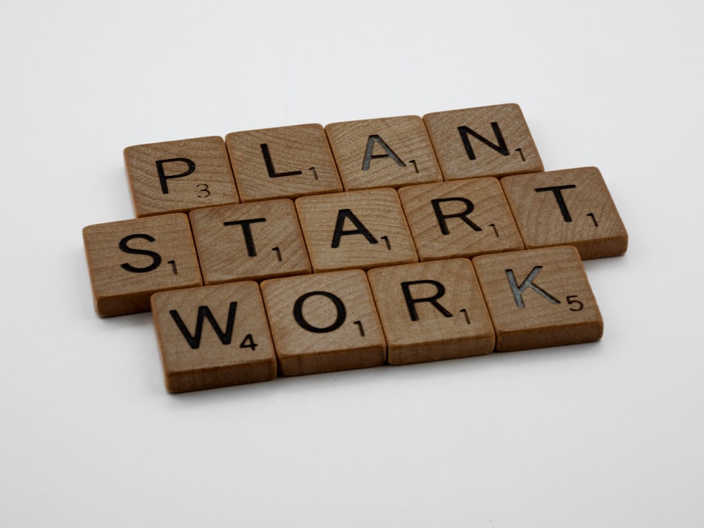 a scrabbled word that says plan, start, work