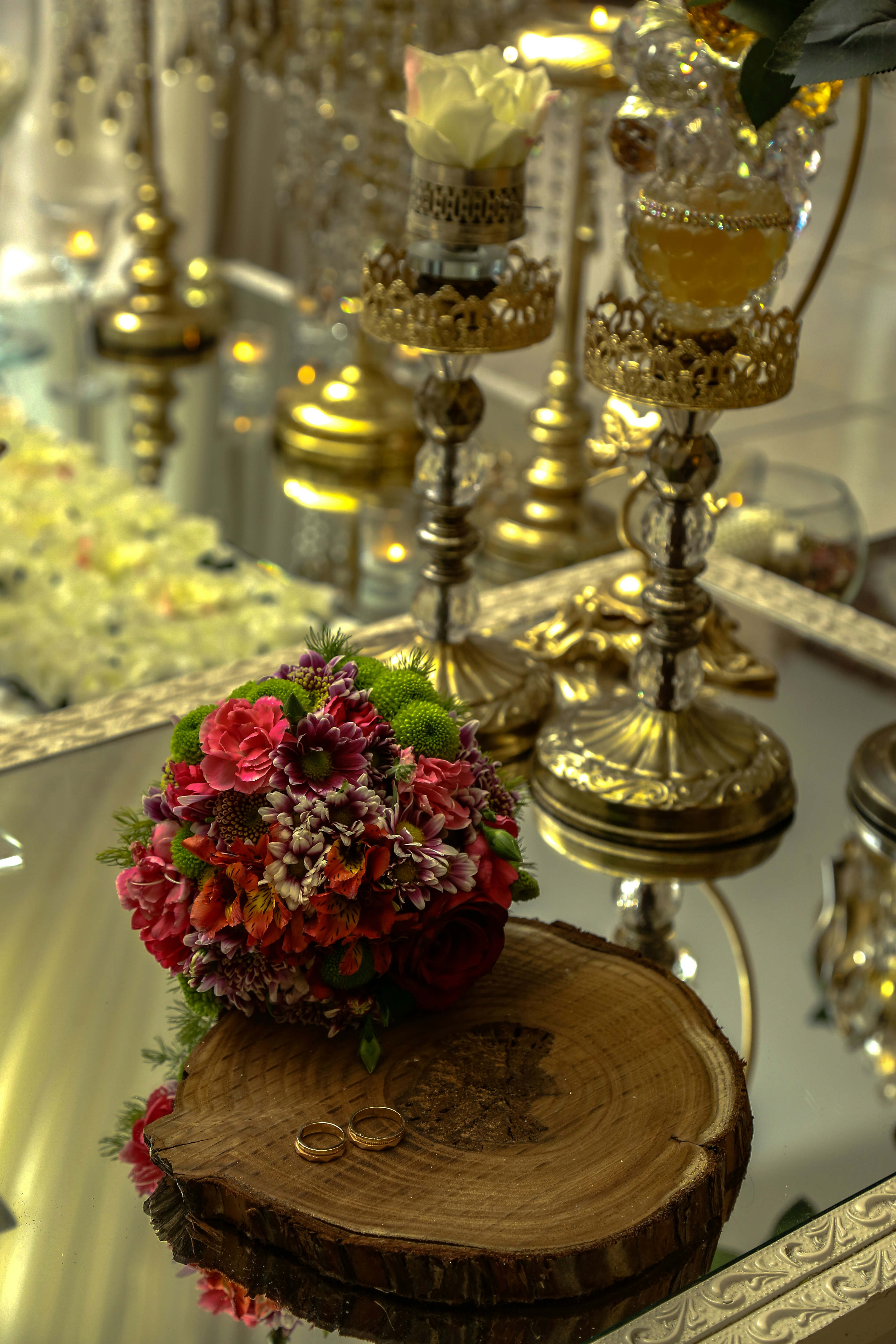 Preserved natural flowers bouquet on wooden table