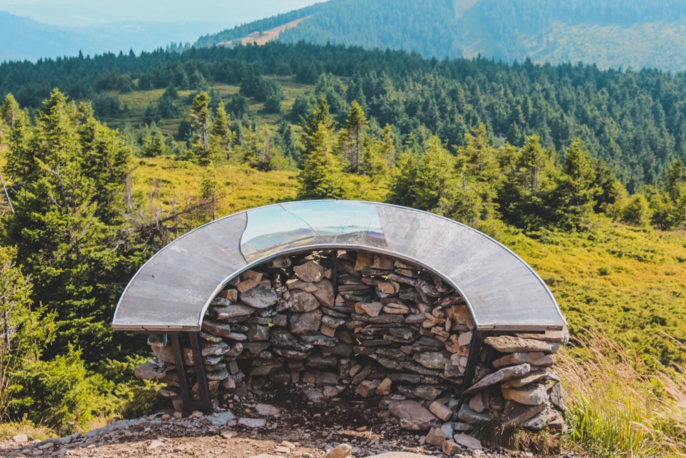 a stone shelter in the middle of a forest