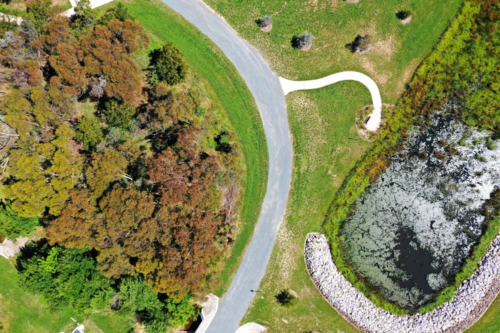 an aerial view of a winding road in a park