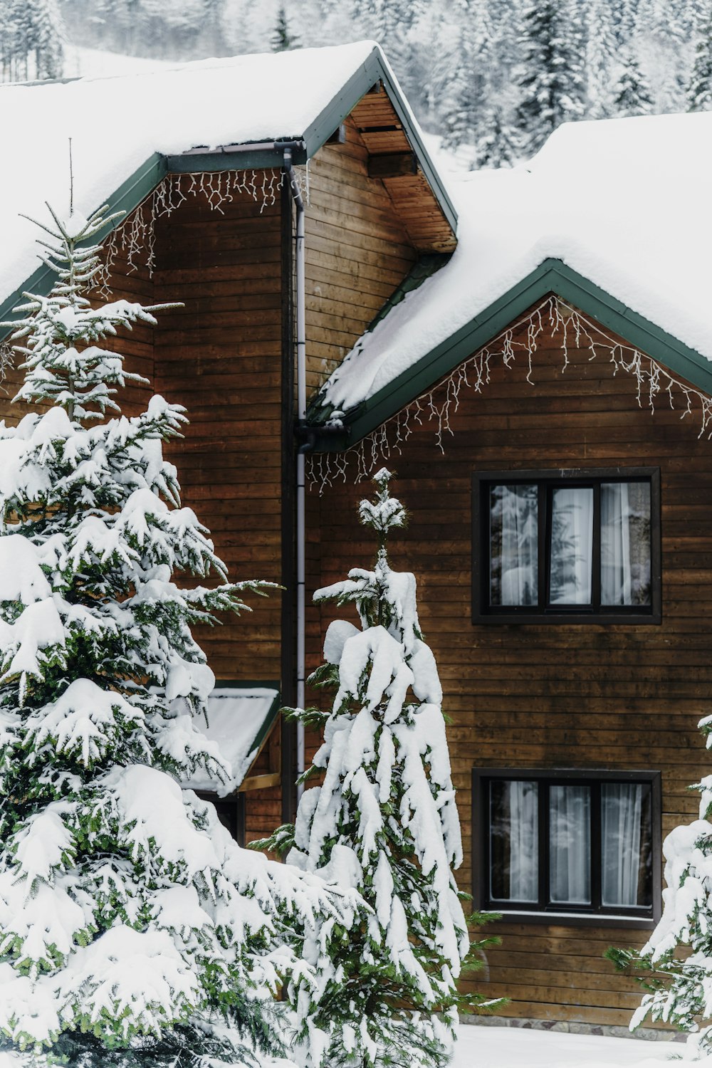 a house covered in snow next to trees