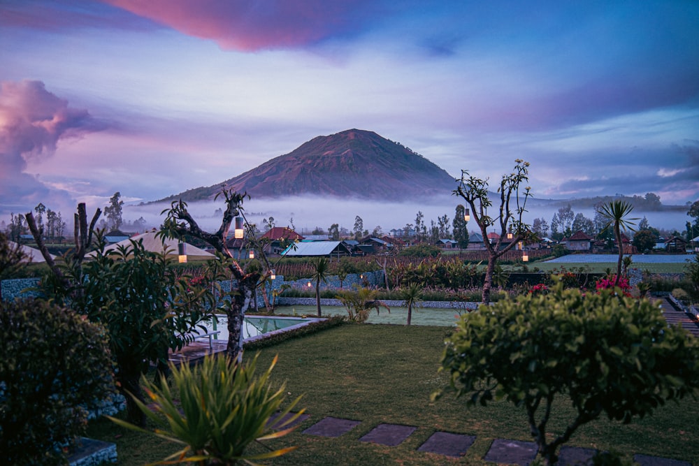 a mountain in the distance with a pool in the foreground