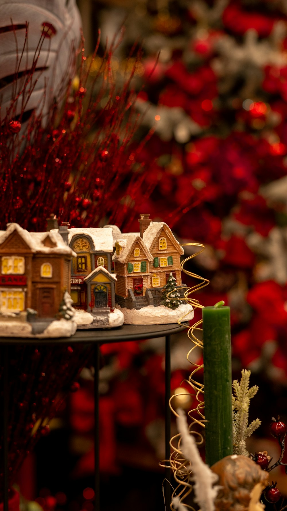 a table with a christmas scene on top of it