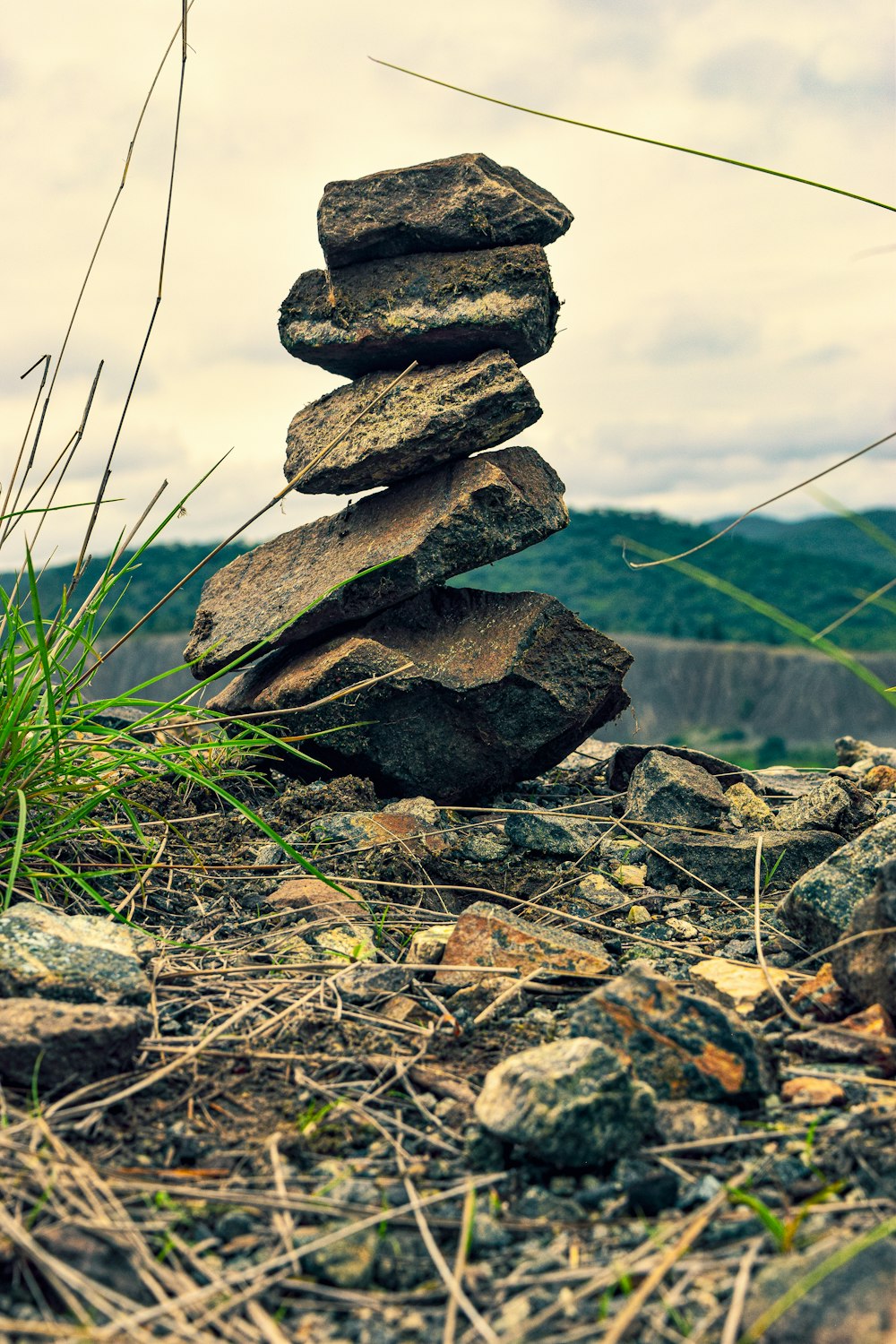 a pile of rocks sitting on top of a grass covered field